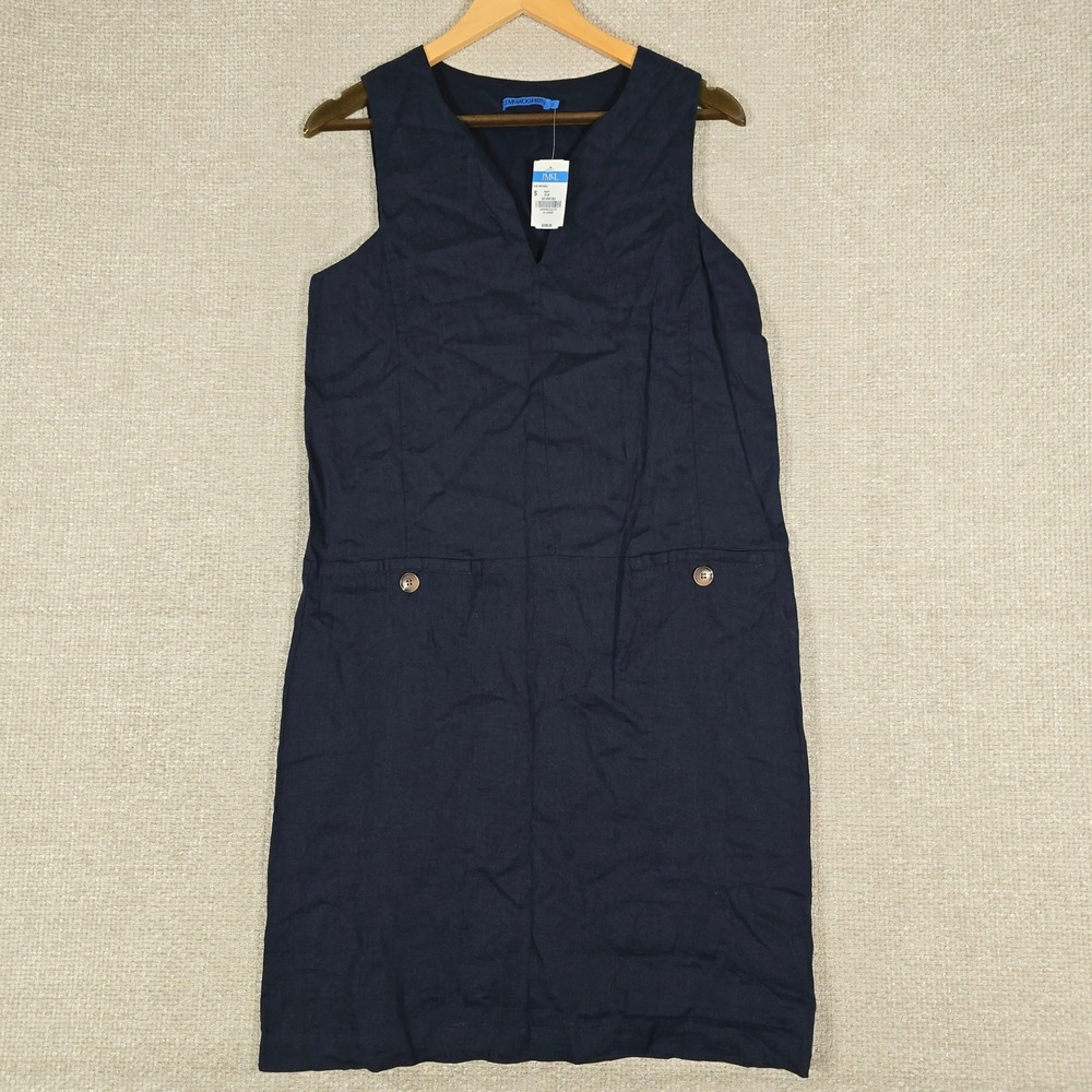 J.McLaughlin Rue Navy Blue Linen V-Neck Sleeveless Shift Dress Womens Small NEW
